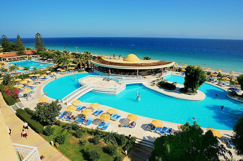 Beach Resort, Rhodes Island, Greece, basins, water, pavillion, sea, HD wallpaper