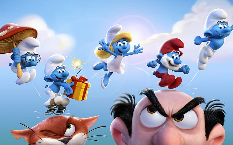 The Smurfs, poster, red, movie, yellow, cat, fantasy, funny, gargamel, blue, HD wallpaper