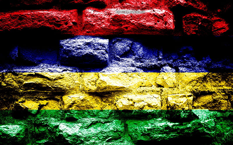 Mauritius flag, grunge brick texture, Flag of Mauritius, flag on brick wall, Mauritius, flags of Africa countries, HD wallpaper