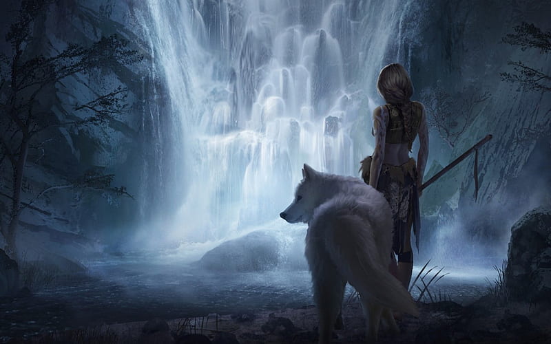 Princess Mononoke, art, game, woman, mononoke, animal, fantasy, water, girl, waterfall, wolf, princess, blue, HD wallpaper