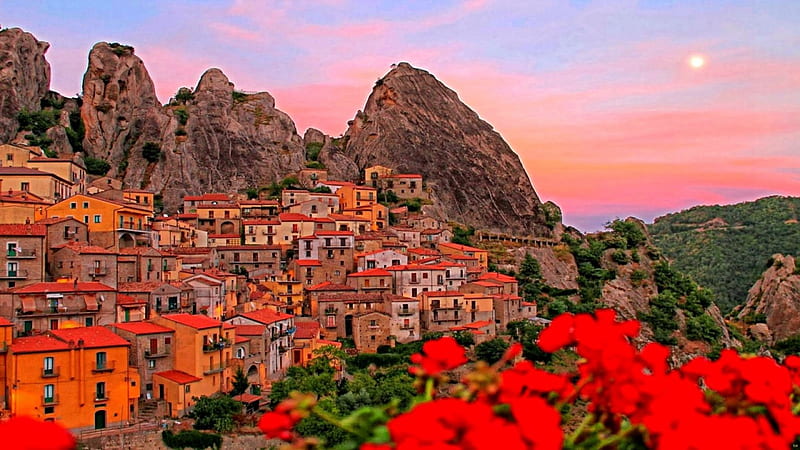 Castelmezzano (Basilicata)_Italy, architecture, rocks, Italia, sun, Italy, ruins, sunset, old, nice, monument, landscapes, village, flowers, sunrise, hills, Siena, ancient, view, town, colors, sky, trees, panorama, building, antique, medieval, HD wallpaper