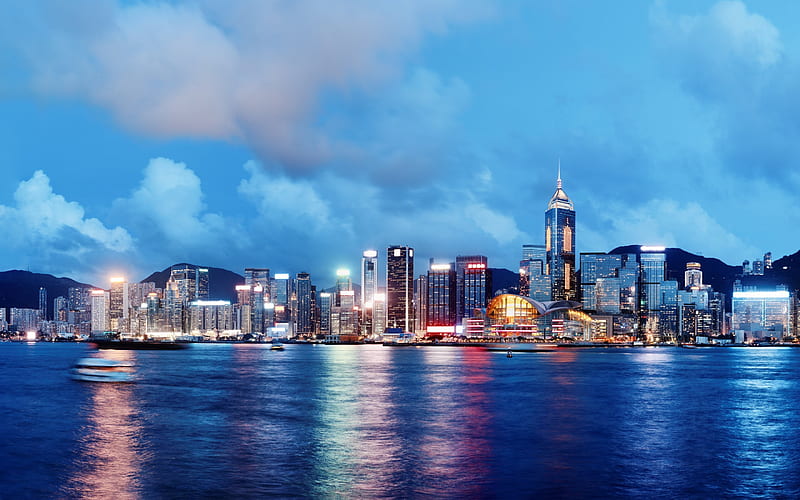 Hong Kong, skyscrapers, skyline, evening, China, HD wallpaper