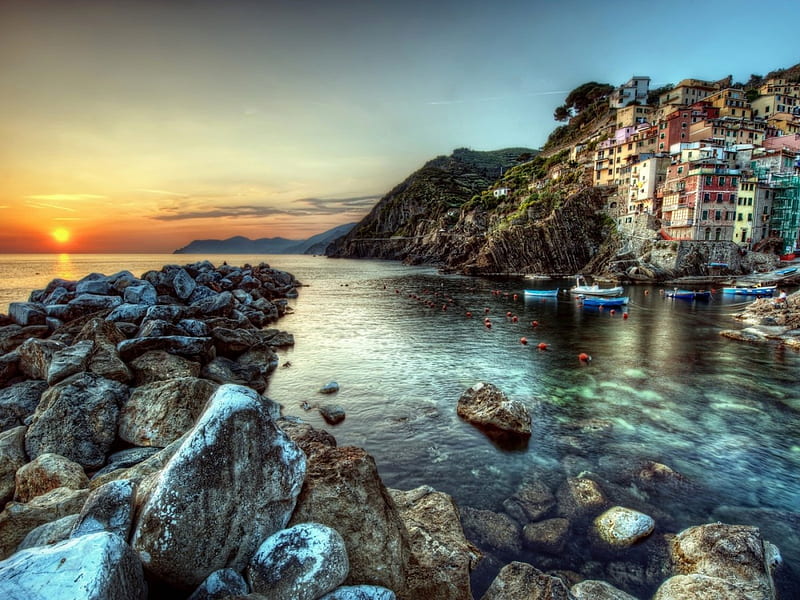 The Cinque Terre,Italy, rocks, treatment, shore, boats, houses, nature, sunset, sea, HD wallpaper