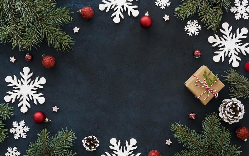 Christmas frame, gray stone texture, Christmas decorations, frame with Christmas balls, HD wallpaper