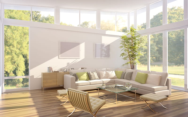 stylish light interior, living room, white big sofa, white walls, modern interior, HD wallpaper