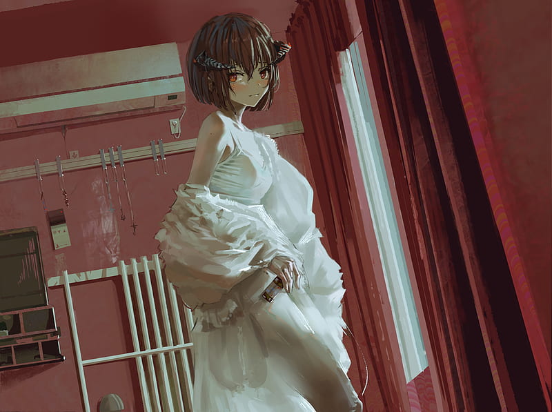 anime girl, white dress, short hair, horns, Anime, HD wallpaper