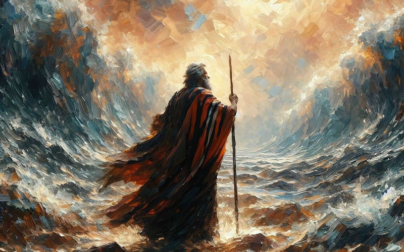 Moses and Red Sea, waves, sea, prophet, Moses, AI art, HD wallpaper