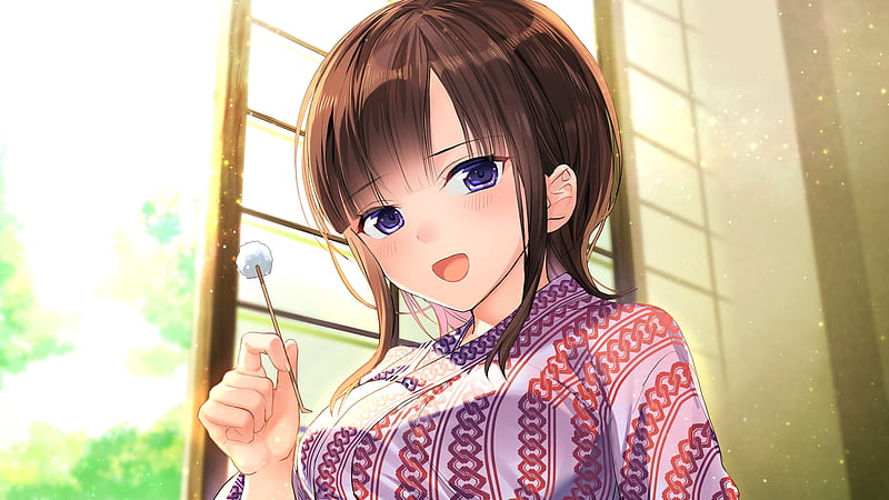 anime girl, smiling, yukata, brown hair, sunlight, Anime, HD wallpaper