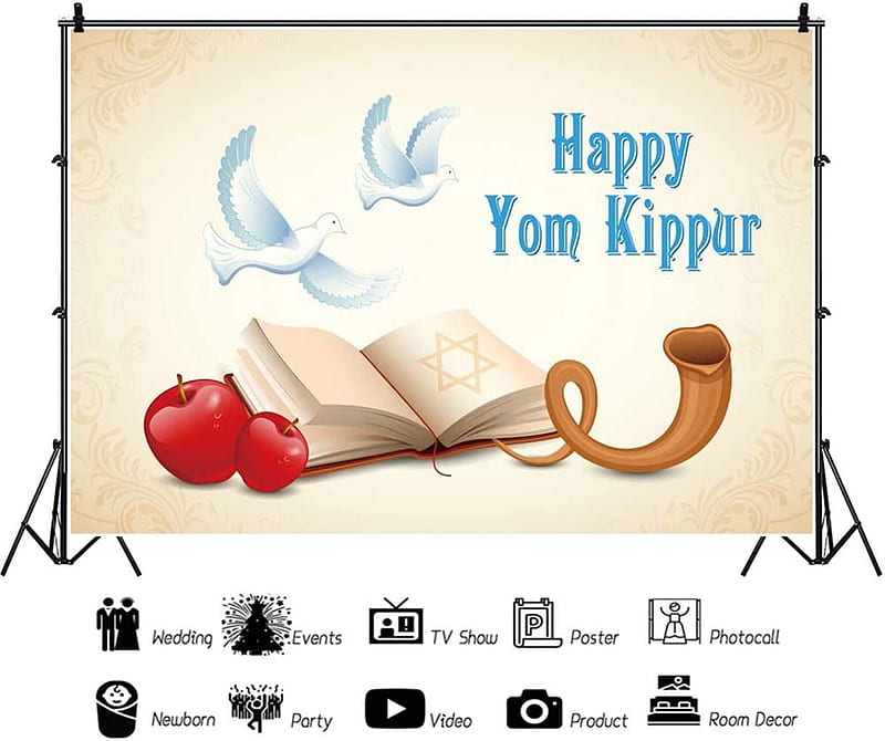 Leowefowa Happy Yom Kippur Backdrop .5ft Cartoon Red Apples Prayer Book Shofar Doves Illustration Vinyl graphy Background Jewish Fiesta Traditional Festival Party Banner Studio : Electronics, HD wallpaper