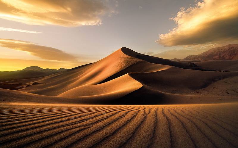 desert, evening, sunset, sand dune, sand, mountain landscape, HD wallpaper