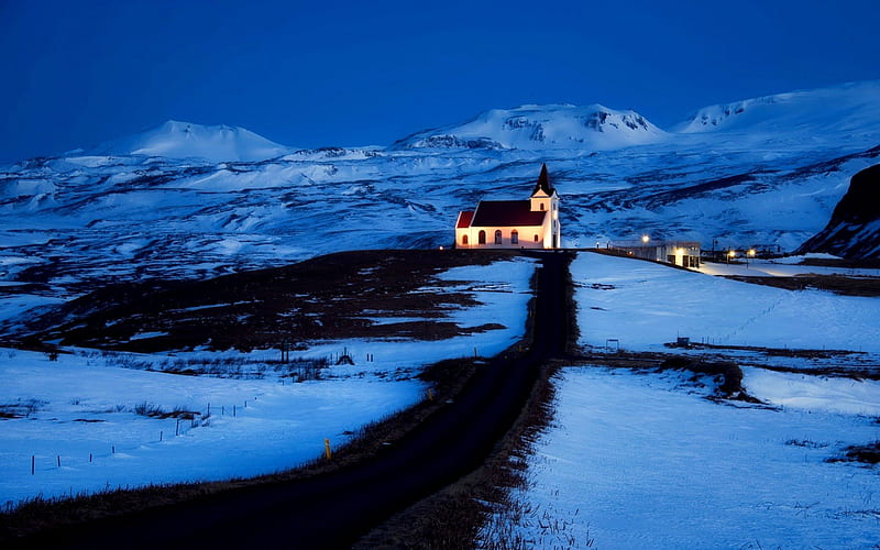 CHURCH in WINTER, hills, lighting, church, sky, snow, mountains, road, light, blue, night, Iceland, HD wallpaper