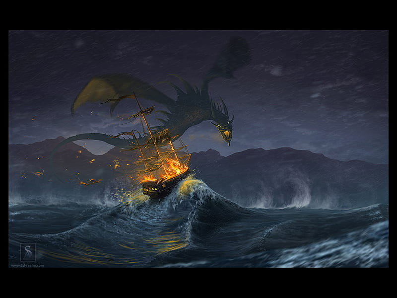 Stormy attack, waves, sky, dragon, storm, wall, stormy, sea, fire, fantasy, ship, mountains, digital, attack, night, HD wallpaper