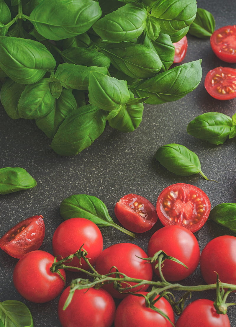 graphy of Tomatoes Near Basil Leaves, HD phone wallpaper