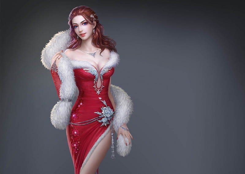 Gorgeous Girl in Red, red, dress, bonito, jewelry, sequins, face, lady, fur, gorgeous, HD wallpaper