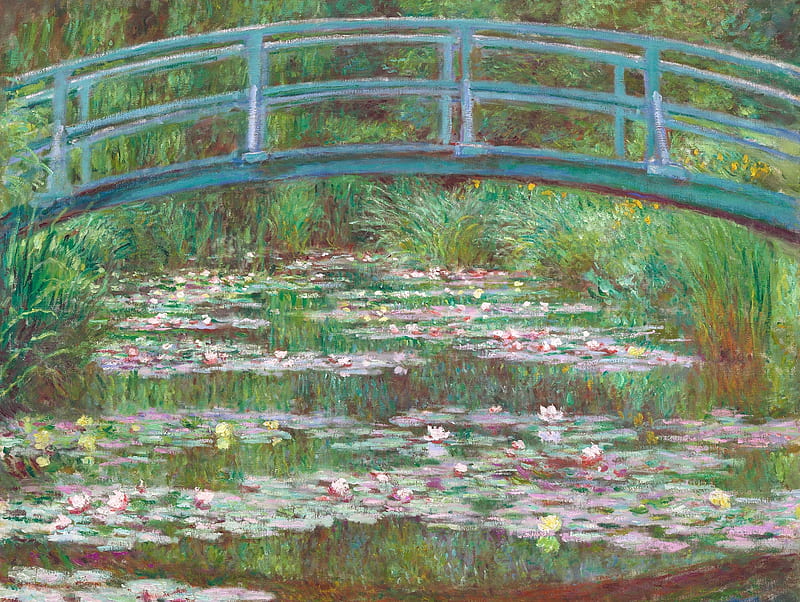 The Japanese Bridge, claude monet, art, lotus, lake, green, painting, flower, pictura, pink, HD wallpaper