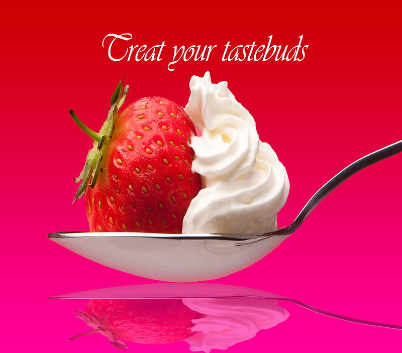 Treat Your Tastebuds, red, delicious, whip cream, spoon, fruits, dessert, yummy, tasty, strawberries, pink, HD wallpaper