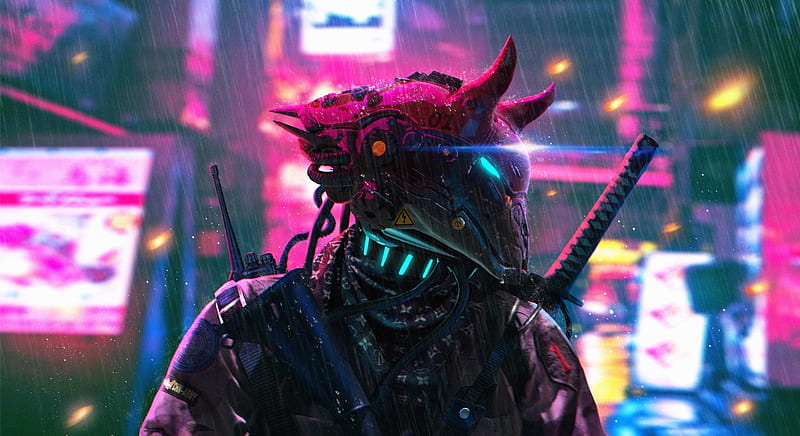 neon city, cyberpunk warrior, sci-fi, futuristic, lights, sword, Fantasy, HD wallpaper