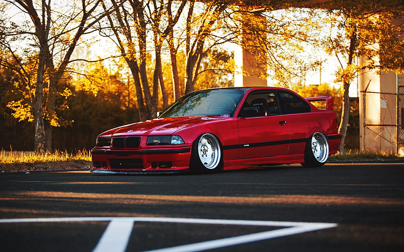 BMW 3-series, E36, stance, tuning, parking, german cars, red E36, BMW, HD wallpaper
