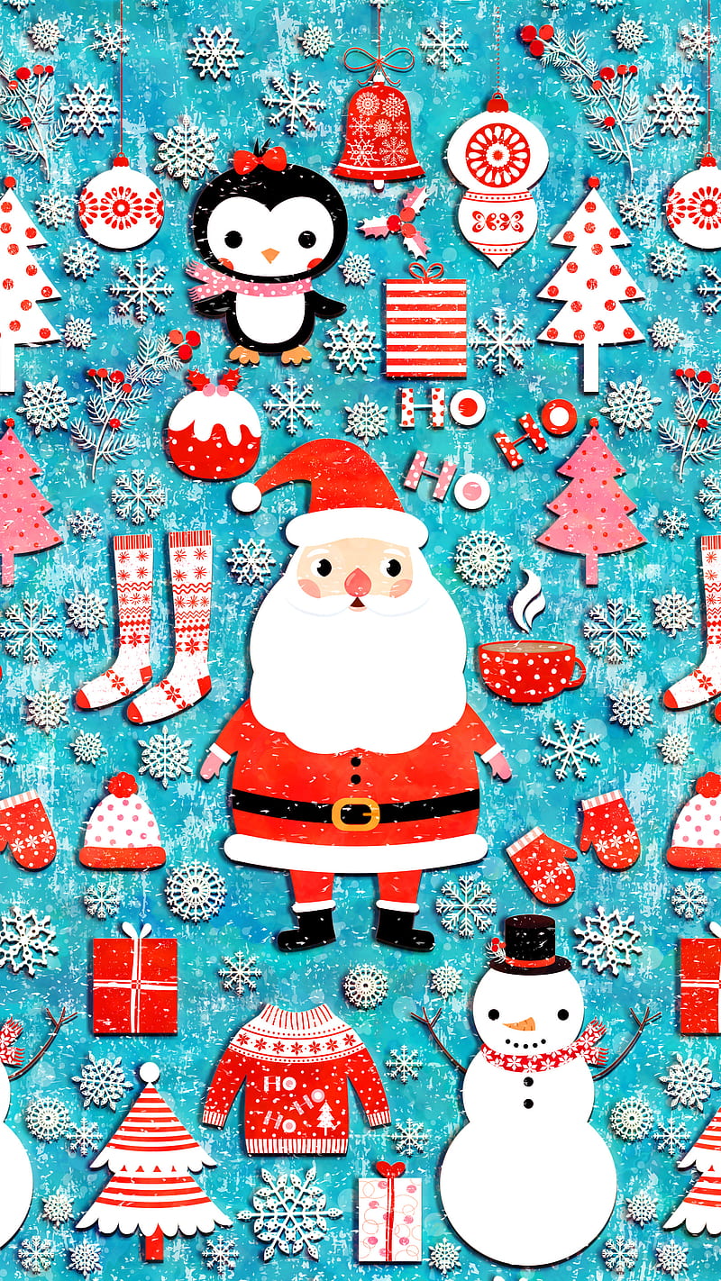 Cosy Clothes & Santa , Adoxali, Christmas, Claus, Noel, animal, background, cake, cocoa, cute, day, foliage, hat, holiday, holly, illustration, kawaii, merry, mittens, new year, ornament, pattern, penguin, present, pudding, retro, season, seasonal, snowflake, snowman, stocking, tree, winter, xmas, HD phone wallpaper