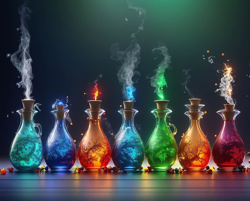 A row of magical potions, sorcery, wizard, magic, magical potions, HD wallpaper