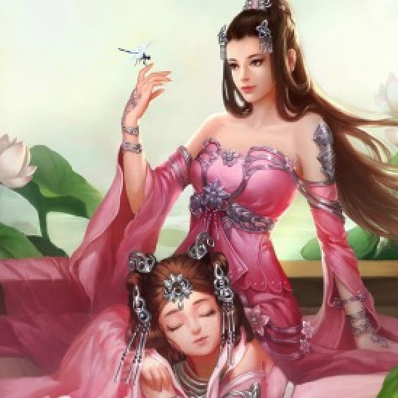 Pink Lotus, pretty, adorable, sweet, floral, nice, fantasy, japan, beauty, long hair, lovely, japanese, sexy, cute, oriental, chinese, maiden, lotus, dress, sleep, bonito, sublime, blossom, gelic, painting, hor, pink, gorgeous, female, brown hair, sleeping, kawaii, girl, fantasy girl, flower, lady, HD wallpaper