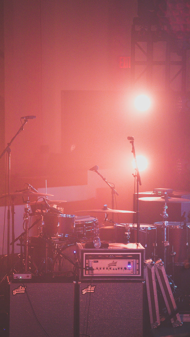 red drum set besides microphone stands, HD phone wallpaper