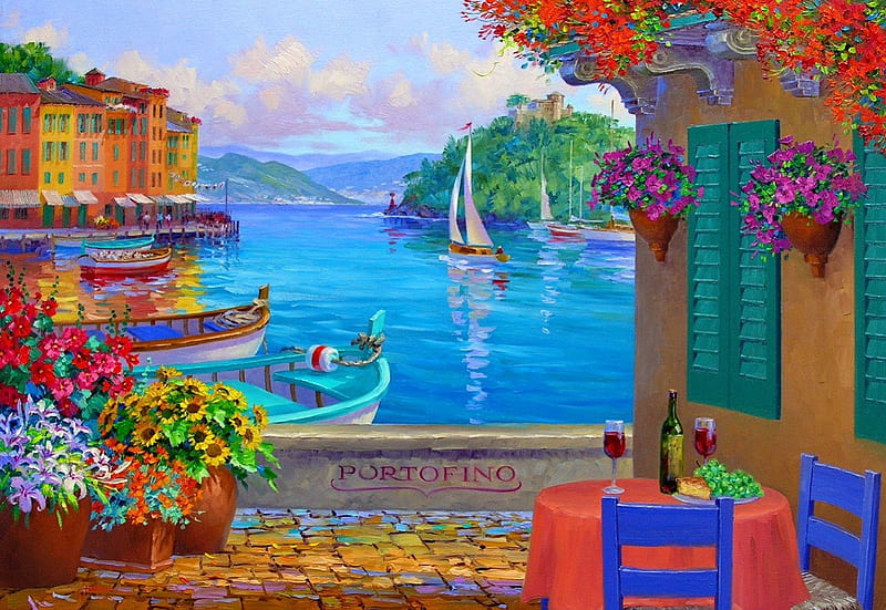 Portofino, pretty, terraca, colorful, shore, Italy, bonito, sea, beach, nice, boats, dock, painting, village, flowers, reflection, blue, rest, lovely, view, clear, port, pier, greenery, town, place, waves, water, summer, island, coast, HD wallpaper