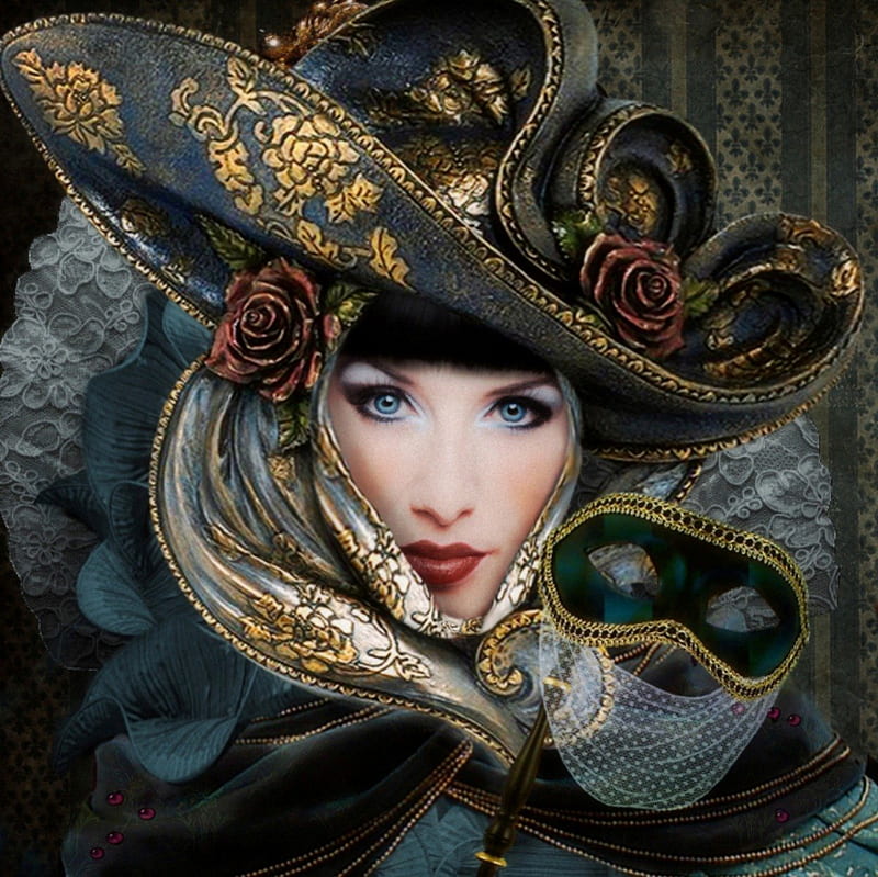 Venezia Romantica, fantasy, lady, mask, hat, HD wallpaper