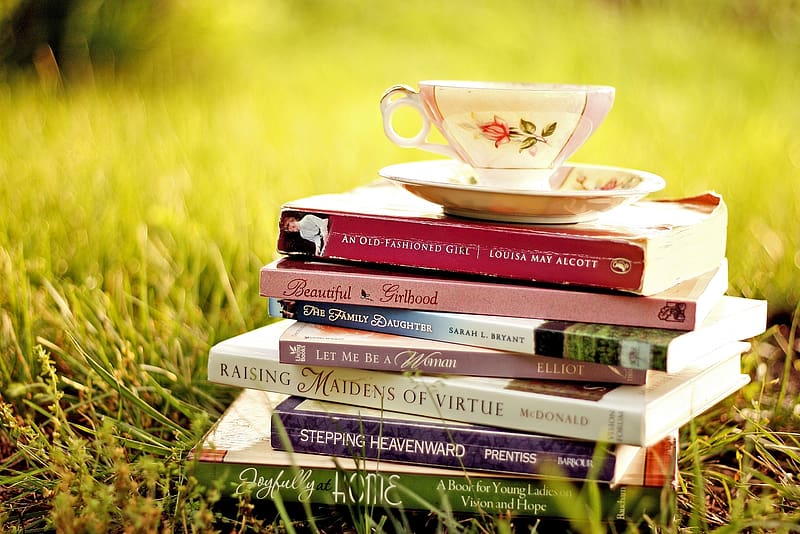 Reading time, specific, popular, ladies, learning, good, assortment, reading, educational, stack, books, tea cup, HD wallpaper