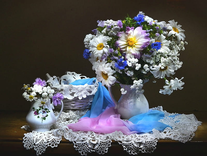 Daisy Still Life, scarves, table, doily, daisies, still life, doilies, vases, basket, flowers, HD wallpaper