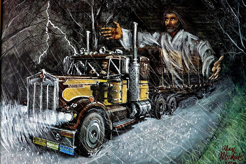 Ominous Jesus Protecting Driver And Truck with Ice, Thunderstorms Sleet , dark, Truck Driver, Truck, Snow, Jesus, Storm, HD wallpaper