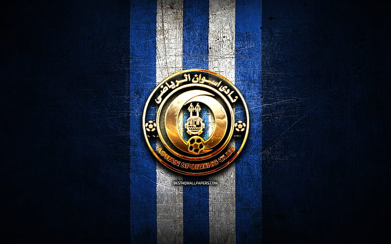 Aswan FC, golden logo, Egyptian Premier League, blue metal background, football, EPL, egyptian football club, Aswan logo, soccer, Aswan SC, HD wallpaper