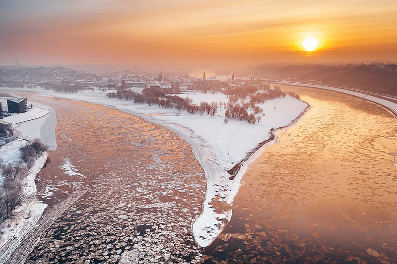 Kaunas River City Winter Snow Sunlight, winter, snow, sunlight, river, nature, graphy, HD wallpaper