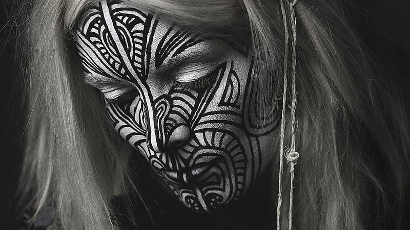 face painting, artistic, female, graphy, tattoo, black, blonde, white, woman, HD wallpaper