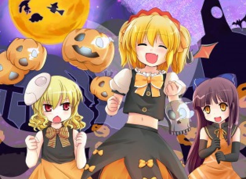 Touhou Halloween, luna child, sunny milk, halloween, pumpkin, touhou, anime girl, tatara kogasa, star sapphire, HD wallpaper