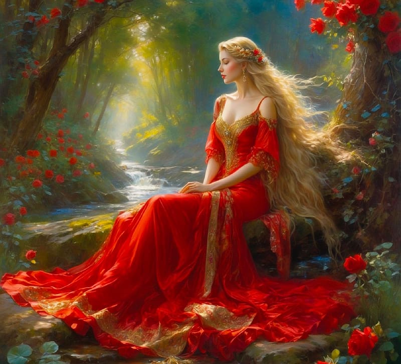 Princess in the Forest, girl, princess, art, , beautiful, serene, fantasy, woman, red, digital, lamamake art, HD wallpaper