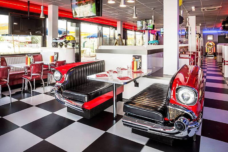 Retro Diner, retro, car, seats, american, diner, split, HD wallpaper