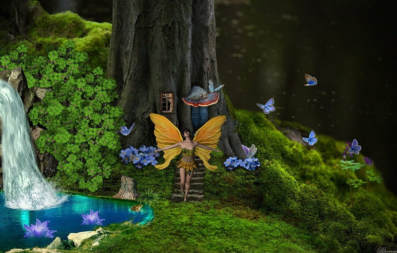 *Fairy of the green forest*, forest, treehouse, homes, butterflies, pond, fairy house, fantasy, butterfly, green, waterfall, land, fairy, HD wallpaper