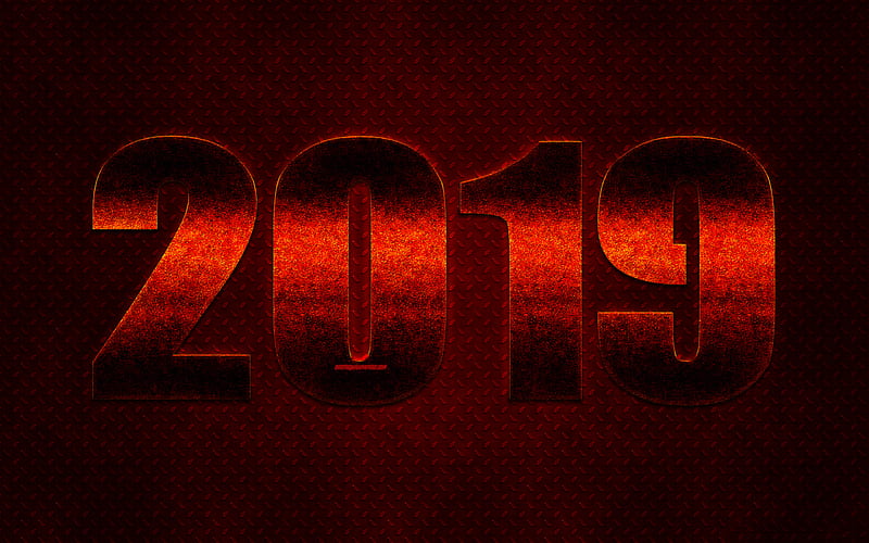 2019 year, red metal digits, New Year, metalic texture, creative art, 2019 concepts, steel numbers, HD wallpaper