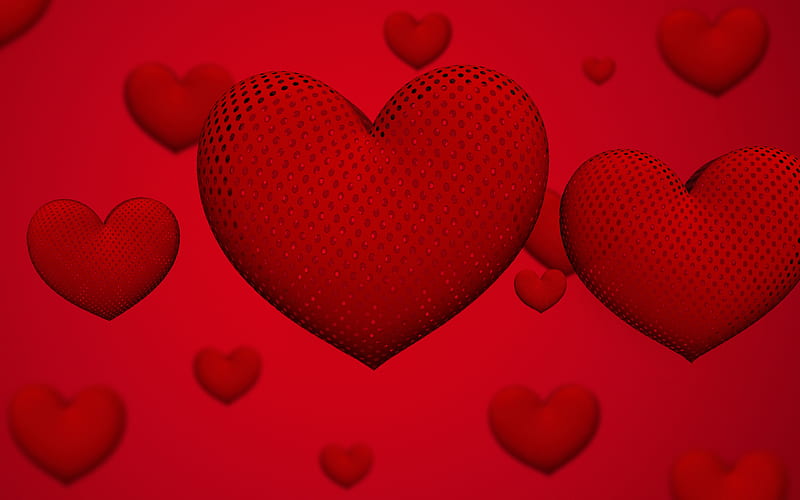 Red 3d hearts, romance concepts, red background with hearts, 3d hearts, blur, love background, HD wallpaper