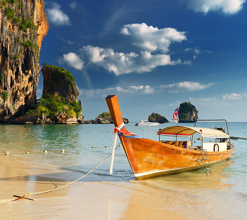 Canoe, beach, boat, ocean, paradise, sand, tropical, water, HD wallpaper