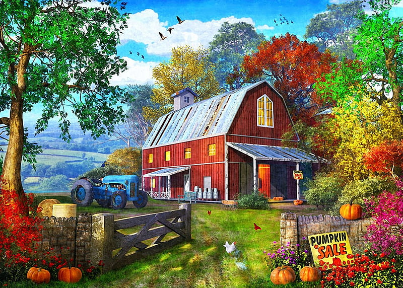 Pumpkin Farm, tractor, hens, birds, trees, barn, pumpkins, gate, fall, artwork, painting, HD wallpaper