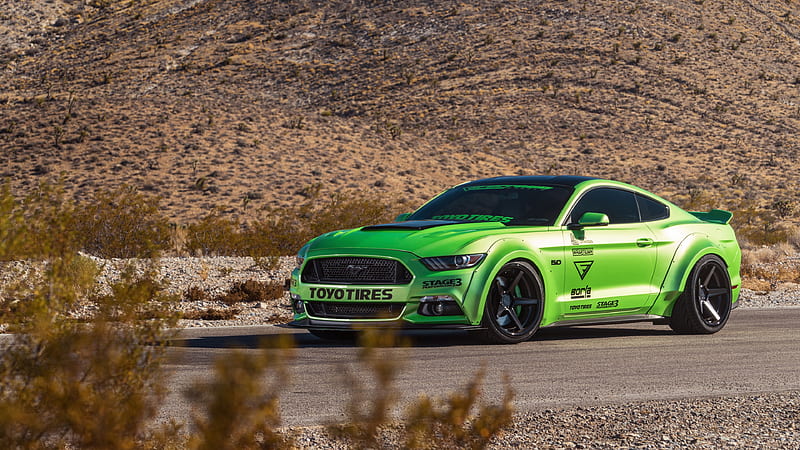 Ford Mustang, Ferrada wheels, Tuning Mustang, bright green Mustang sports car, American cars, HD wallpaper