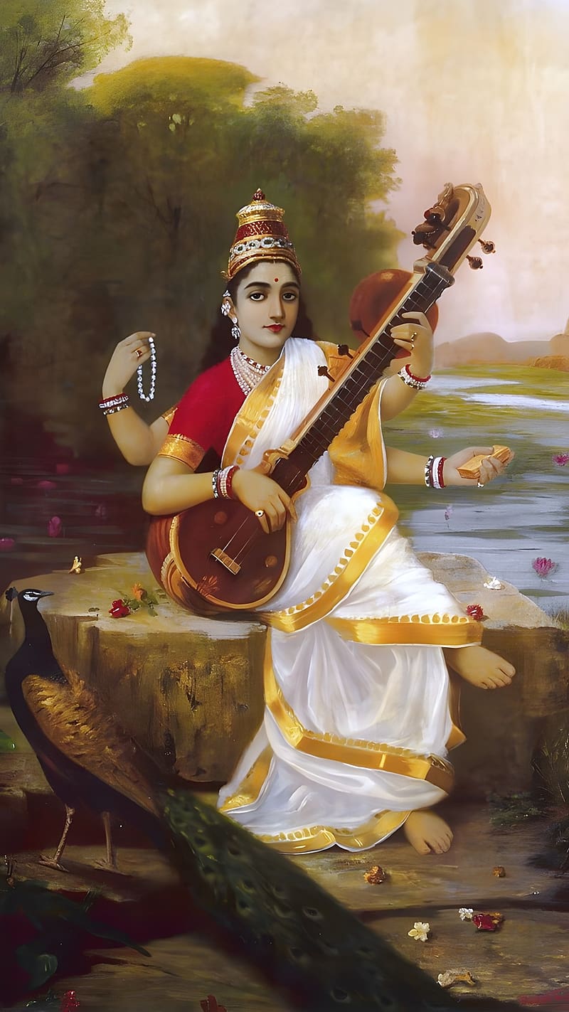Saraswati , Playing Sitar, saraswati thakur, goddess of music, HD phone wallpaper