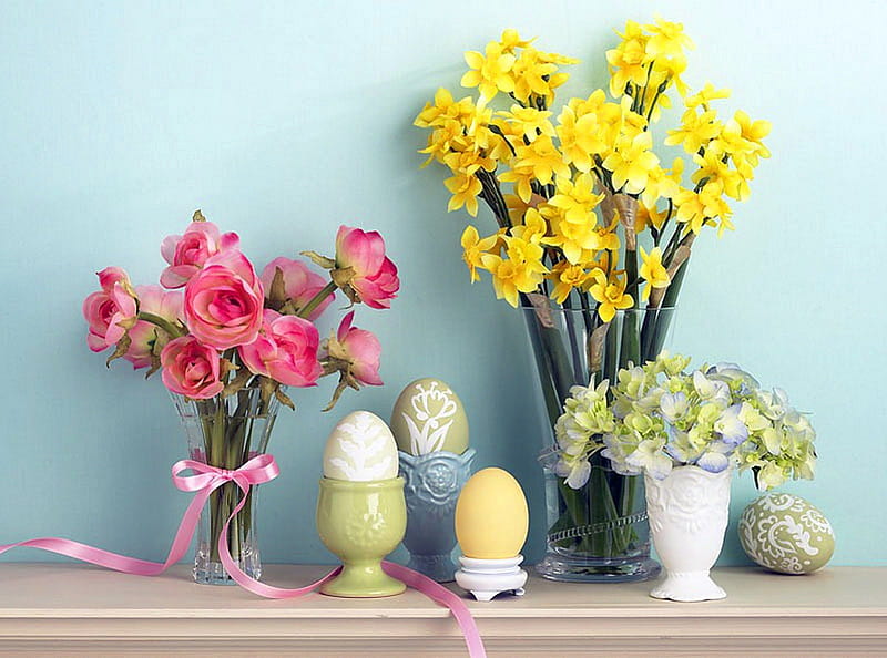 Happy Easter to all, Easter, rose, daffodils, eggs, flowers, HD wallpaper