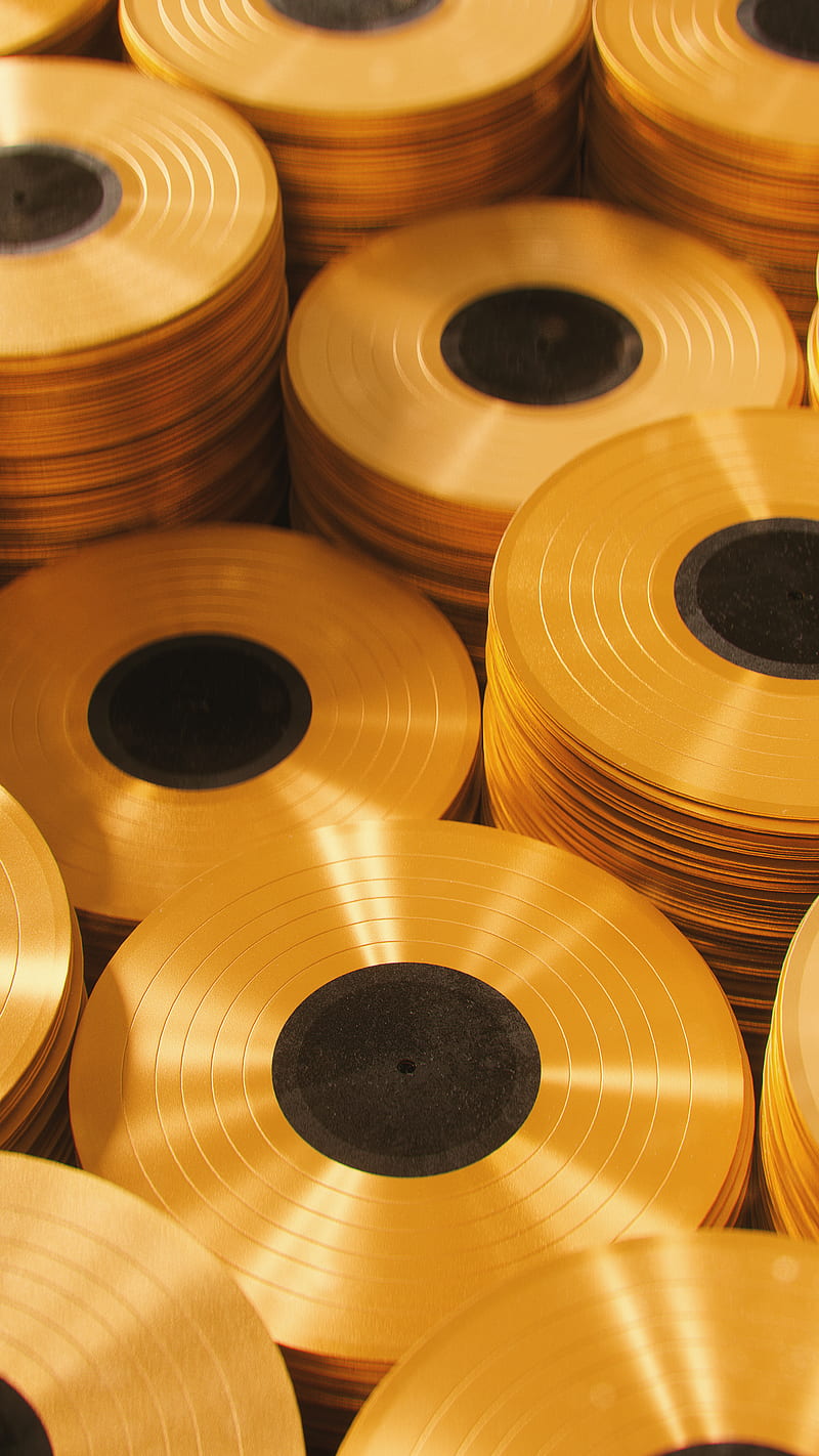 Vinyl Disc, 3D, HAW, black, cinema 4D, collected, collection, colors, dust, geometric, gold, golden, inspiration, music, musician, object, pile, song, songs, vintage, HD phone wallpaper