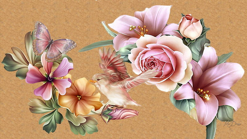 Lily Roses Pink, pink, floral, Firefox theme, parchment, pink rose, butterfly, bird, morning glory, flowers, lily, summer, paper, vintage, HD wallpaper