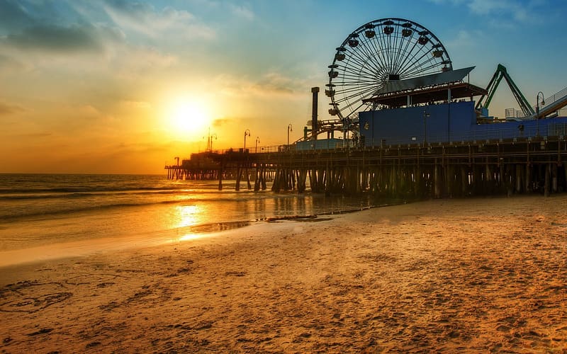 Sunset, Beach, Wheel, Ferris Wheel, Los Angeles, Amusement Park, Dock, , Santa Monica Pier, Amusement Parks, HD wallpaper