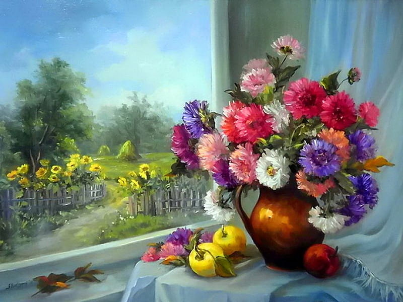 Still life, pretty, colorful, house, fruits, home, vase, bonito, fragrance, nice, sunflowers, painting, flowers, room, rural, art, rustic, lovely, window, view, apples, scent, sky, trees, bouquet, nature, petals, HD wallpaper