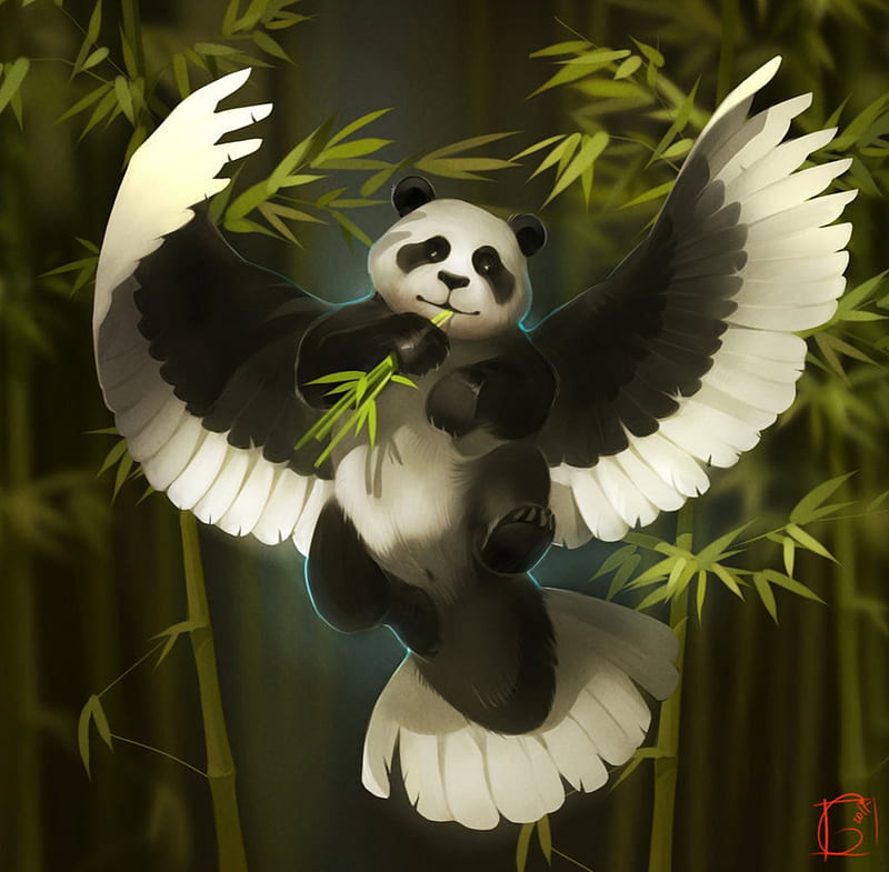 Flying panda, art, panda, wings, green, black, white, gaudibuendia, bamboo, fantasy, HD wallpaper